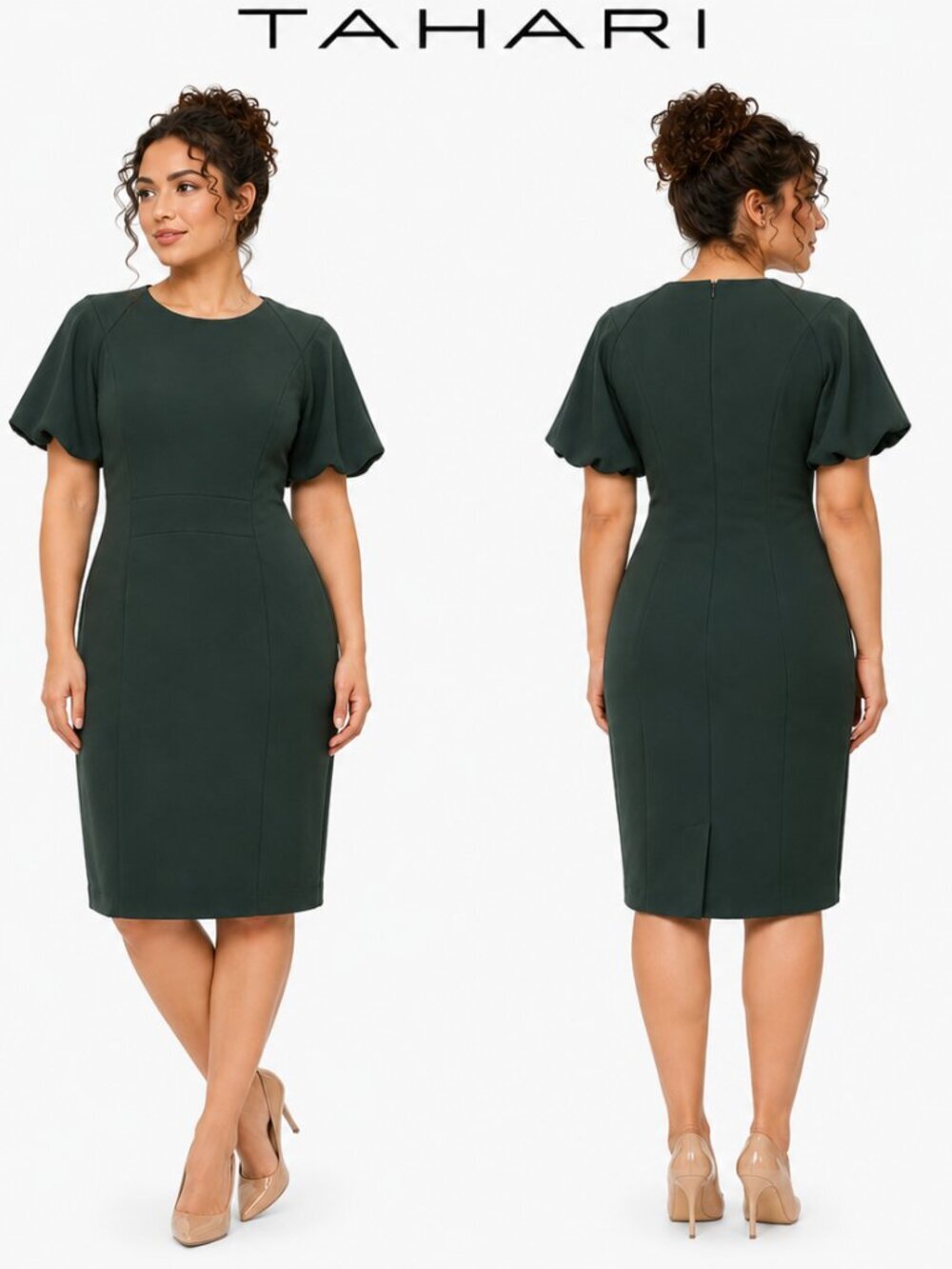 T Tahari Womens Forest Green Flutter Sleeve Sheath Work Dress Size 8